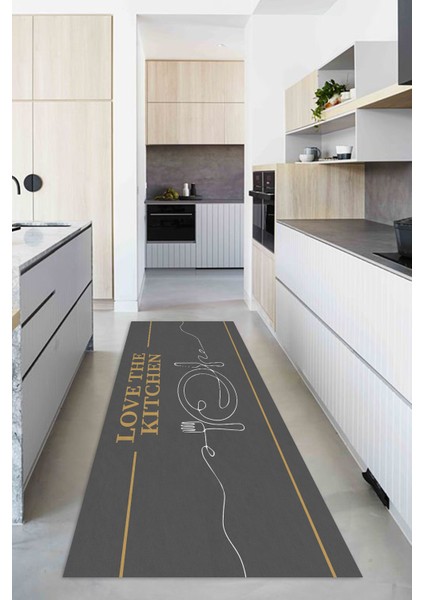 Dijital Baskılı Kaymaz Taban Yıkanabilir Gold Kitchen Yazılı Antrasit Mutfak Halı YOLLUK-D5014