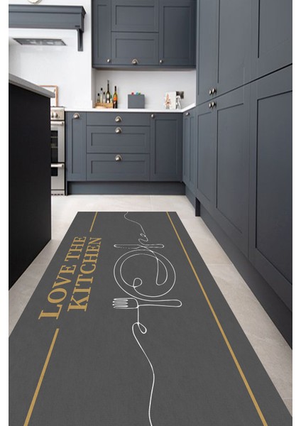 Dijital Baskılı Kaymaz Taban Yıkanabilir Gold Kitchen Yazılı Antrasit Mutfak Halı YOLLUK-D5014