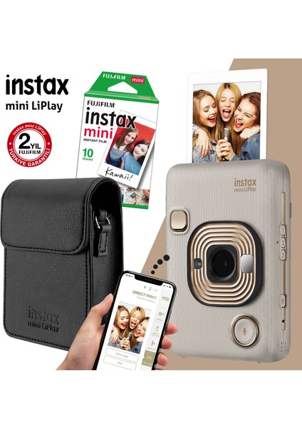 Instax Mini Liplay Hybrid Beige Gold Fotoğraf Makinesi Çantalı Hediye Seti 3
