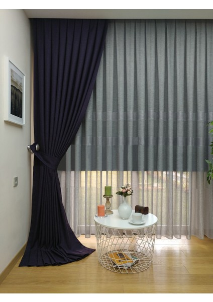 Mor Düz Renk Pileli Keten Fon Perde, Sık Pile, Tek Kanat 50 x 250 Cm.