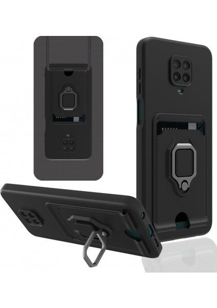 Xiaomi Redmi Note 9s Kılıf Ipli Lens Sürgülü Yüzüklü Silikon Zuma - Siyah