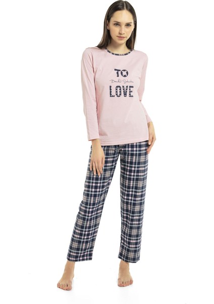 Vıshenka Kadın Love Yazı Baskılı %100 Pamuk Pembe Renk Pijama Takımı