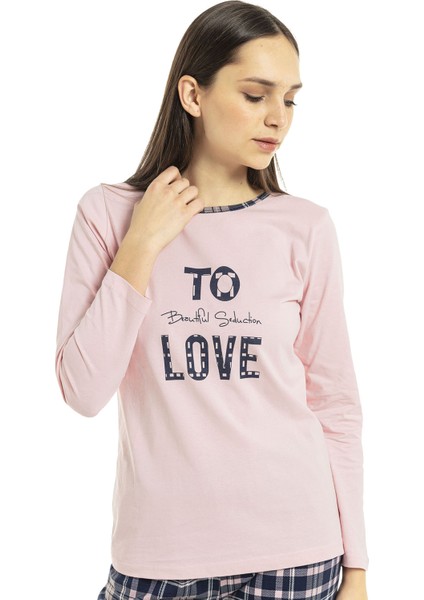 Vıshenka Kadın Love Yazı Baskılı %100 Pamuk Pembe Renk Pijama Takımı