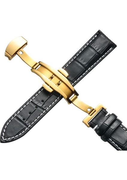 Puluz 22Mm Inek Derisi Deri Altın Kelebek Toka Watchband Siyah Beyaz Çizgiler (Yurt Dışından)