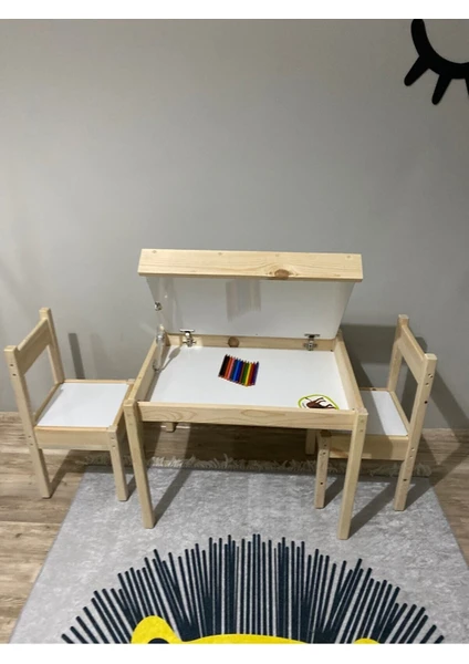 Evci Wood Montessori Ahşap Çocuk Oyun ve Aktivite Masa Sandalye Seti Yaz-Sil Yüzey ve Sandıklı