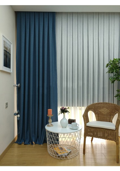 Mavi Düz Renk Pileli Keten Fon Perde, Normal Pile, Tek Kanat 340 x 260 cm.