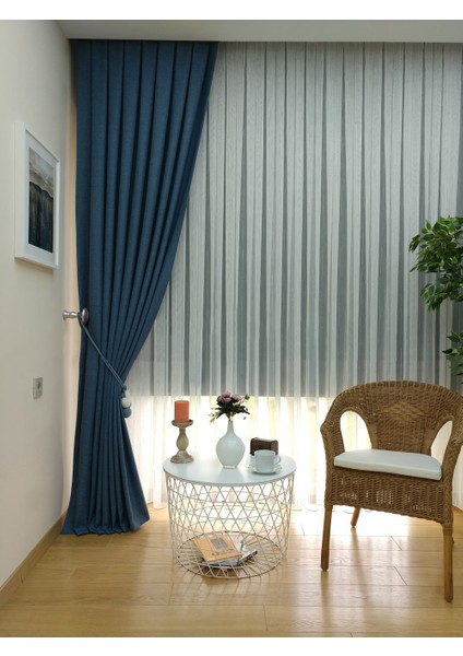 Mavi Düz Renk Pileli Keten Fon Perde, Normal Pile, Tek Kanat 340 x 260 cm. fiyatları