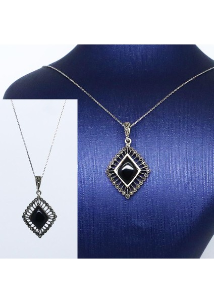 925 Ayar Gümüş Baklava Oltu Taşı Kolye