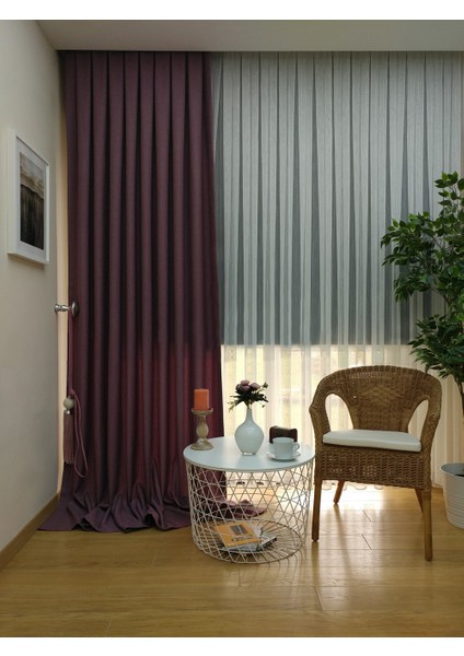 Mürdüm Düz Renk Pileli Keten Fon Perde, Seyrek Pile, Tek Kanat 90 x 240 cm.