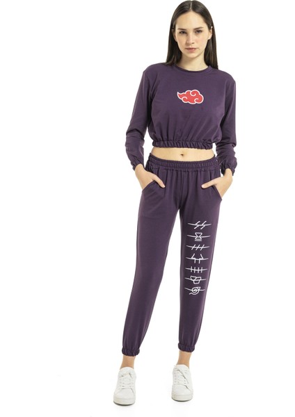 Vıshenka Kadın Anime Baskılı 2 Iplik Alt Üst Mürdüm Renk Crop Takım