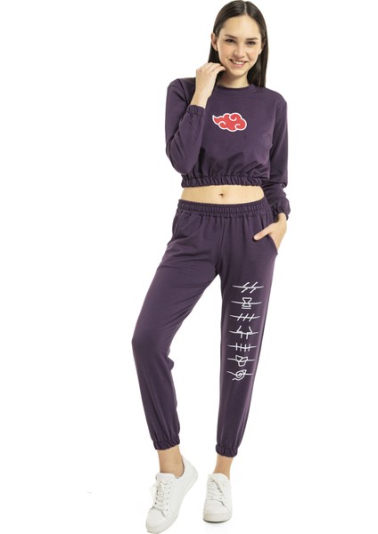 Vıshenka Kadın Anime Baskılı 2 Iplik Alt Üst Mürdüm Renk Crop Takım modelleri