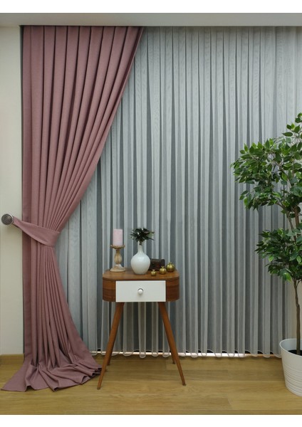 Pembe Düz Renk Pileli Keten Fon Perde, Seyrek Pile, Tek Kanat 50 x 270 Cm.