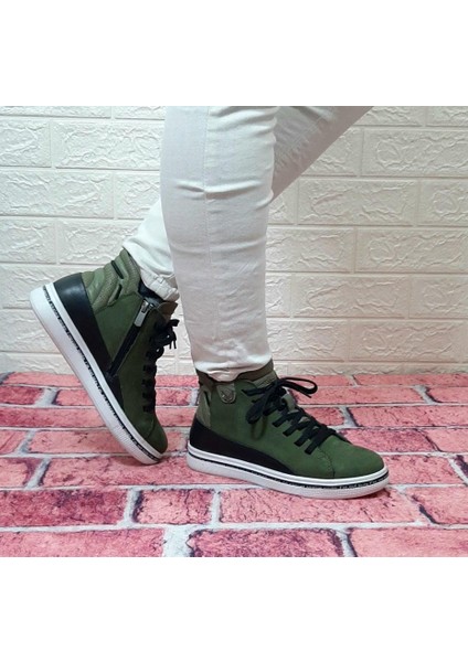 8498 Haki Yeşil Hakiki Deri Kaymaz Taban Fermuarlı Bağacaklı Bot fırsatları
