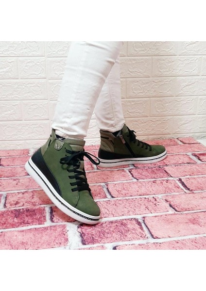 8498 Haki Yeşil Hakiki Deri Kaymaz Taban Fermuarlı Bağacaklı Bot indirimleri