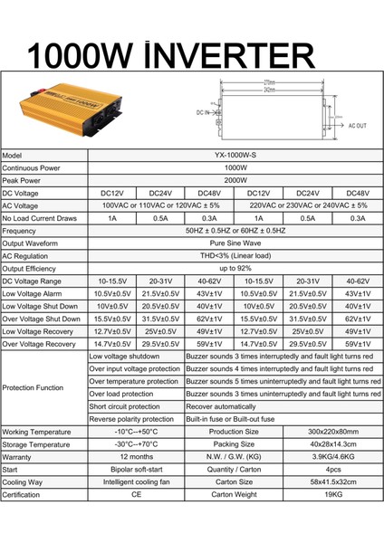 1000 W Tam Sinüs Inverter Mexxsun 12 V