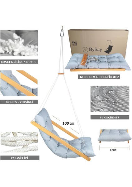Ahşap Puf Minderli Salıncak Hamak. Ev Balkon Teras Bahçe Için (Gri)