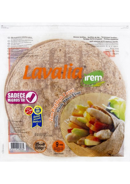 Tam Buğdaylı Lavaş 25 cm 9'lu 630 gr