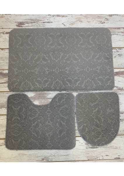 3’lü Gri Ultrasoft Desenli Klozet Takımı Banyo Halısı Paspas Seti