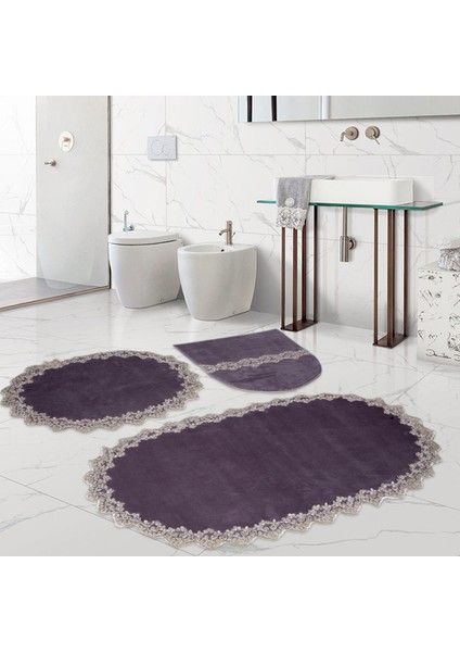 Venüs Gri 3'lü Dantelli Banyo Paspası Seti Çeyizlik Klozet Takımı