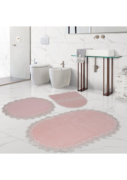 Venüs Pudra 3'lü Dantelli Banyo Paspası Seti Çeyizlik Klozet Takımı