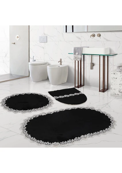 Bonny Home Venüs Siyah 3'lü Dantelli Banyo Paspası Seti Çeyizlik Klozet Takımı