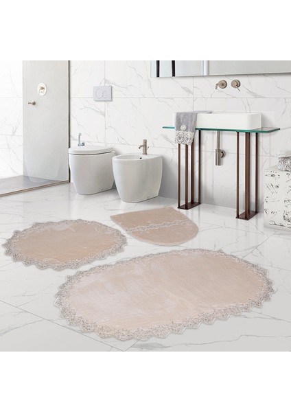Venüs Vizon 3'lü Dantelli Banyo Paspası Seti Çeyizlik Klozet Takımı