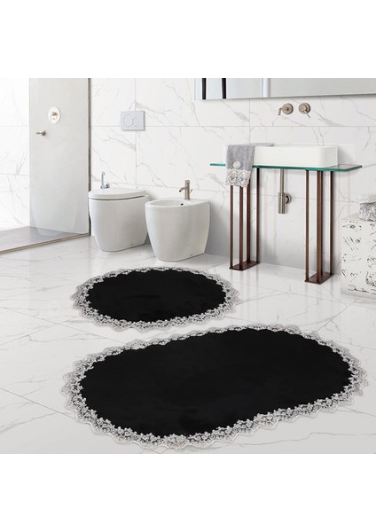 Venüs Siyah 2'li Dantelli Banyo Paspası Seti Çeyizlik Klozet Takımı