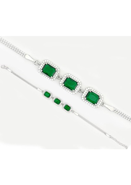 Pırlanta Tasarımlı Zümrüt Yeşili Taşlı Baget Gümüş Bileklik