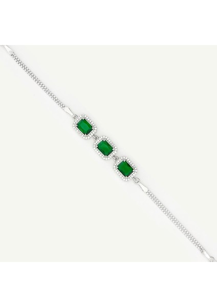 Pırlanta Tasarımlı Zümrüt Yeşili Taşlı Baget Gümüş Bileklik fiyatları