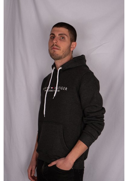 Siyah Renk Kapüşonlu Kanguru Cep Detaylı Erkek Sweatshirt