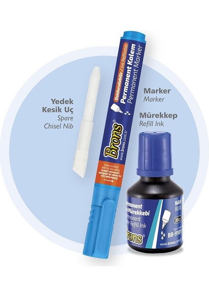 Permanent Marker Seti Kesik Uç Mavi (Kalem + Mürekkep + Yedek Uç)