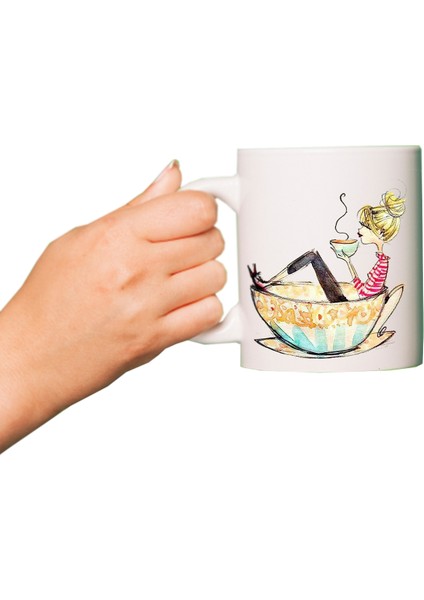 Kahve Banyosu Baskılı Beyaz Kupa