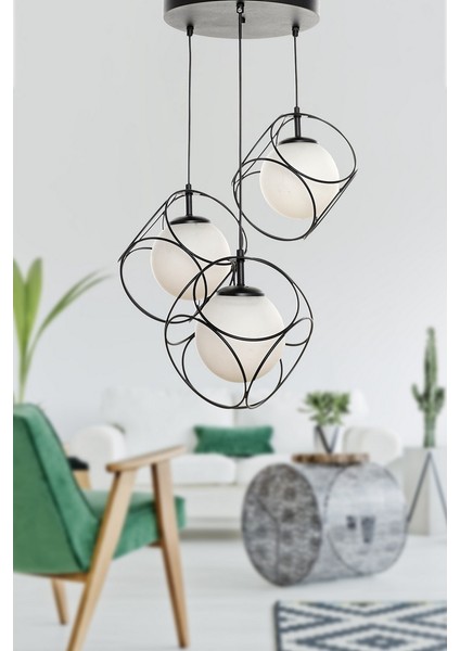 Modern Metal 3'lü Siyah-Beyaz Camlı Avize