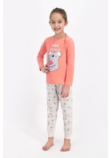 Pina Koala Şeftali Kız Çocuk uzun Kol Pijama Takımı