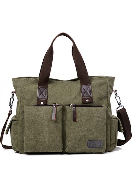 Çok Cepli Pamuklu Kanvas Omuz Çantası Düz Renk Yeşil (Yurt Dışından)