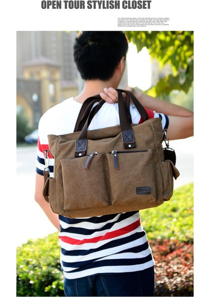 Çok Cepli Pamuklu Kanvas Omuz Çantası Düz Renk Haki (Yurt Dışından) fırsatları