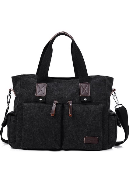 Çok Cepli Pamuklu Kanvas Omuz Çantası Düz Renk Siyah (Yurt Dışından)