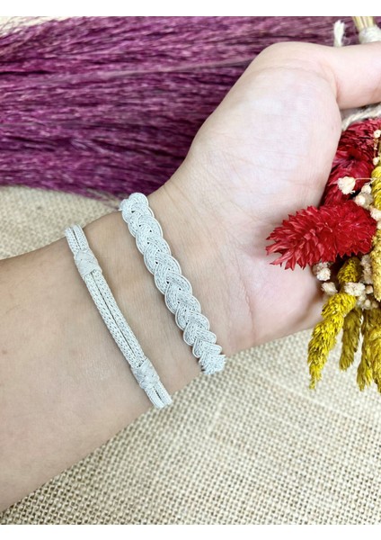 Gümüş Kazaziye Örgülü Bileklik Ikili Kombin Bileklik Seti