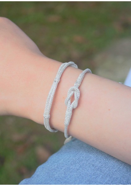 Gümüş Bileklik Ikili Kombin Kazaziye El Örgüsü