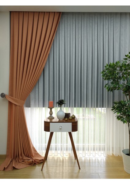 Turuncu Düz Renk Pileli Keten Fon Perde, Seyrek Pile, Tek Kanat 50 x 260 Cm.