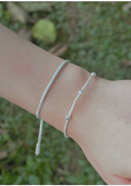 Gümüş Dorika Boncuk Detaylı ve Örme Zincir Ikili Bileklik Seti