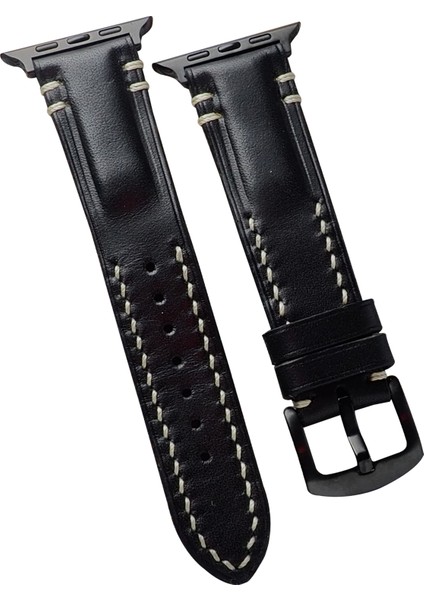 Craft Siyah Vintage Model 42-44-45 mm Uyumlu Apple Watch Kordonu Beyaz - Siyah