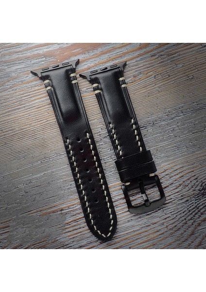 Craft Siyah Vintage Model 42-44-45 mm Uyumlu Apple Watch Kordonu Beyaz - Siyah modelleri