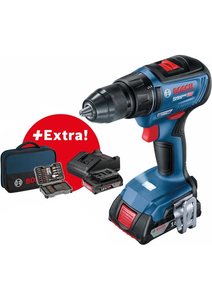 GSR 18V-50 Delme/vidalama Makinesi + 2x 2,0 Ah Çift Akü + 43 Parça Set + Alet Çantası