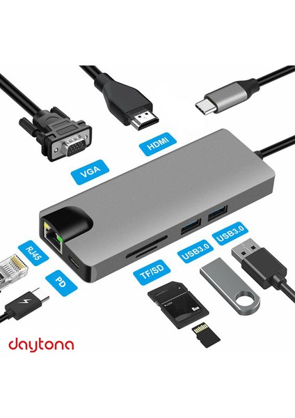 FC09 Macbook Uyumlu Type-C to 4K 1080p HD HDMI 1000 Mbps Ethernet RJ45 PD Sd Kart 2* USB 3.0 VGA 8IN1 Çevirici Hub Adaptör