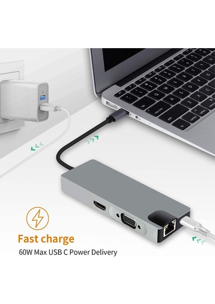 FC09 Macbook Uyumlu Type-C to 4K 1080p HD HDMI 1000 Mbps Ethernet RJ45 PD Sd Kart 2* USB 3.0 VGA 8IN1 Çevirici Hub Adaptör