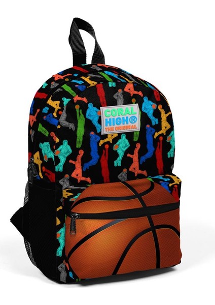 Kids Siyah Basketbol Toplu Iki Bölmeli Yuva Sırt Çantası 23345
