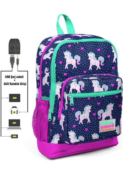 Kids Lacivert Unicorn USB Şarjlı Kulaklık Çıkışlı Okul Sırt Çantası 23270