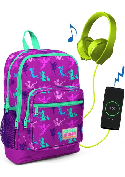 Kids Koyu Pembe Peri Desenli USB Şarjlı Kulaklık Çıkışlı Okul Sırt Çantası 23274