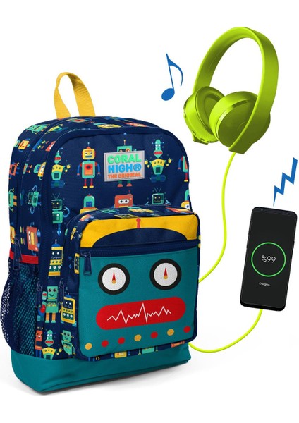 Kids Lacivert Robot Desenli USB Şarjlı Kulaklık Çıkışlı Okul Sırt Çantası
